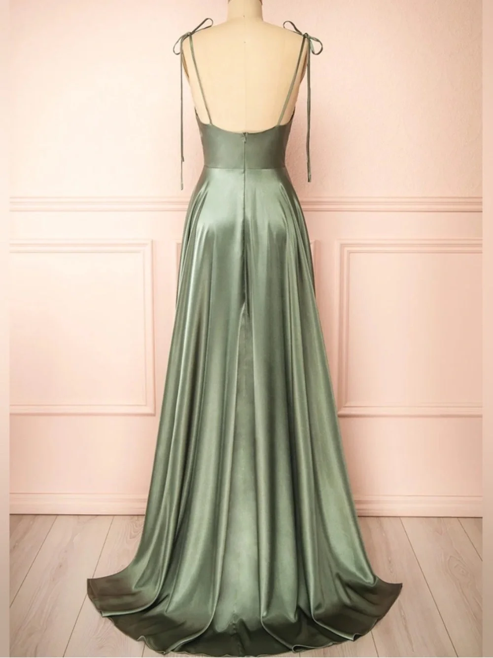 Moira Khaki | Cowl Neck Satin Maxi Dress with High Slit - Picture 4 of 10